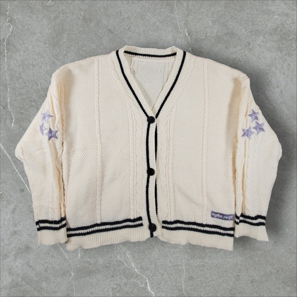 Taylor Swift Cardigan Women XL Cream Folklore Star Embroidered Cable Knit Cozy